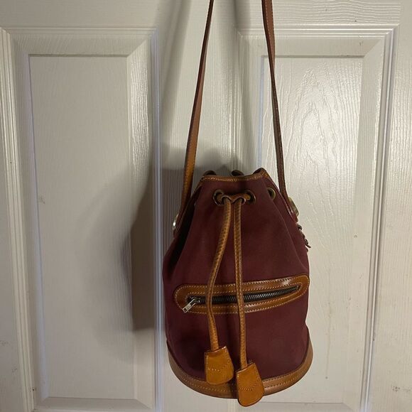 Vintage Dooney&Bourke.Burgundy canvas with brown leather drawstring buck… - Picture 1 of 16